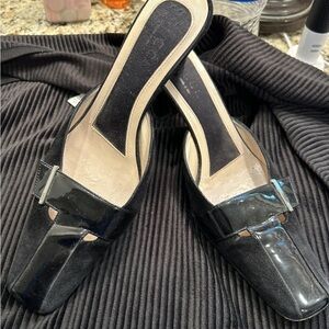 GUCCI BIk Leather Suede And Paten Mule Slides Heels 7